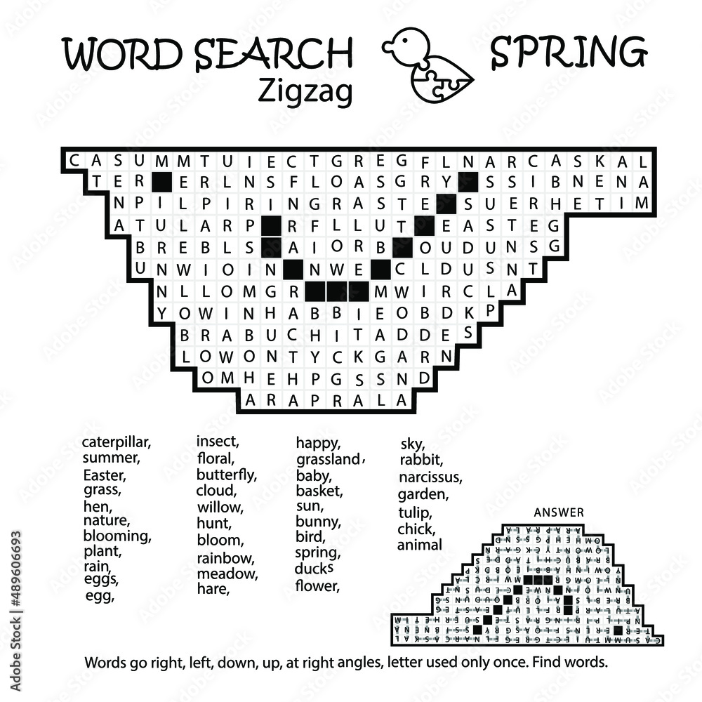 Zigzag Word Search Puzzle with bird shape. Words go right, left, down