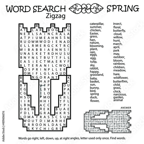 Zigzag Word Search Puzzle with tulip. Spring. Words go right, left, down, up, at right angles, letter used only once. Find words. Logic game for learning English. Worksheet for kids or adults. photo
