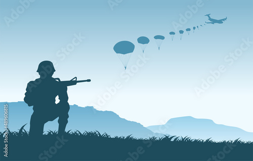 Background of war in situation of  paratooper soldier sitting and ready to shoot,vector illustration