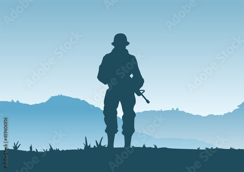 Background of war in situation of soldier standing and hold gun to defend army base,vector illustration