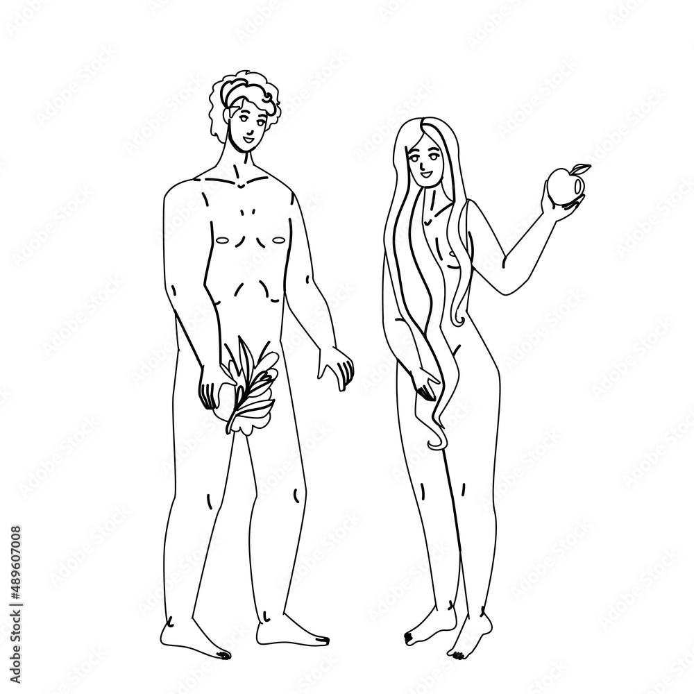 Adam And Eve Standing Together In Paradise Black Line Pencil Drawing Vector. Adam And Eve Holding Tree Leaf And Apple Fruit Stand Togetherness In Eden. Religious Characters Man And Woman Illustration - obrazy, fototapety, plakaty 