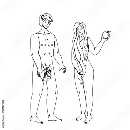 Adam And Eve Standing Together In Paradise Black Line Pencil Drawing Vector. Adam And Eve Holding Tree Leaf And Apple Fruit Stand Togetherness In Eden. Religious Characters Man And Woman Illustration