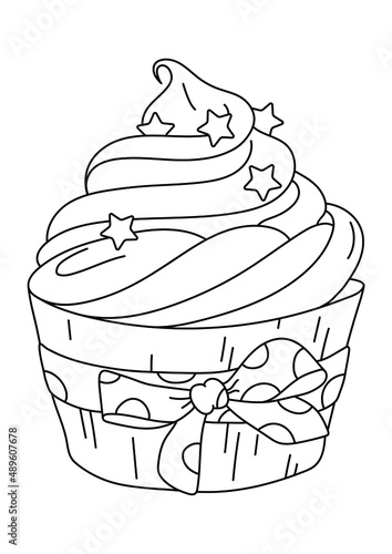 Cute coloring book. Delicious cupcake with cream, stars and bow. Coloring book for children.