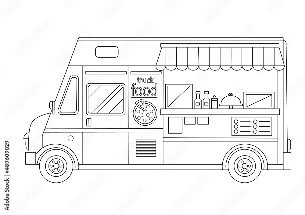 Food truck. Street food. Food van. Vector black and white illustration