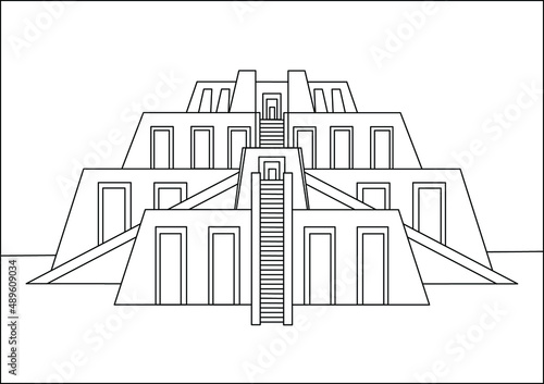 Sumerian architecture. Ziggurat. Black and white vector drawing. photo