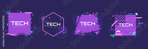 Modern technology banners collection in cyberpunk style. Abstract sci-fi text boxes with glitch effect. Futuristic hi-tech badges. Colorful glitchy background set. Vector illustration. photo