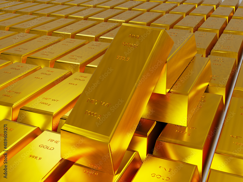 Pure gold bullion bars in bank vault storage. 1kg 999,9 Fine Gold bar ingots background. Precious metal investment, finance banking business, golden financial reserve, Gold background. 3D rendering. Pure gold bullion bars in bank vault storage. 1kg 999,9 Fine Gold bar ingots background. Precious metal investment, finance banking business, golden financial reserve, Gold background. 3D rendering.
