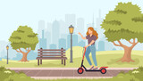 Woman riding kick scooter around city. Spring or summer landscape. Happy young girl at park. Sports and leisure outdoor activity. Eco transport. Vector illustration in flat cartoon style
