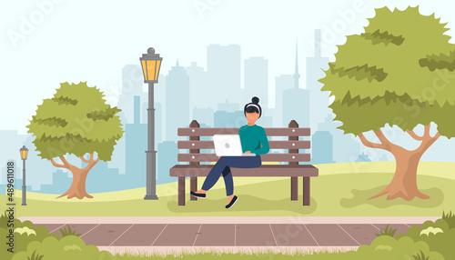 Young woman sitting in the park on the bench and working with laptop. Flat modern illustration of social networking and texting to friends