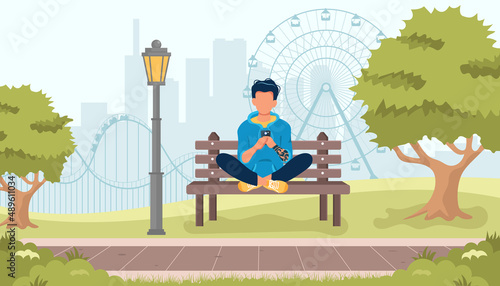 Young man sitting in the park on the bench and working with laptop. Flat modern illustration of social networking and texting to friends