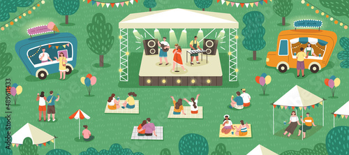 Outdoor music festival abstract concept. Young people sitting on grass in park, having picnic and listening to performance of their favorite band. Entertainment. Cartoon flat vector illustration