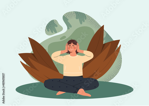 Angry woman dont want to listen concept. Girl sitting in lotus position and covers her ears with her fingers. Irritated female character does not like loud noises. Cartoon flat vector illustration