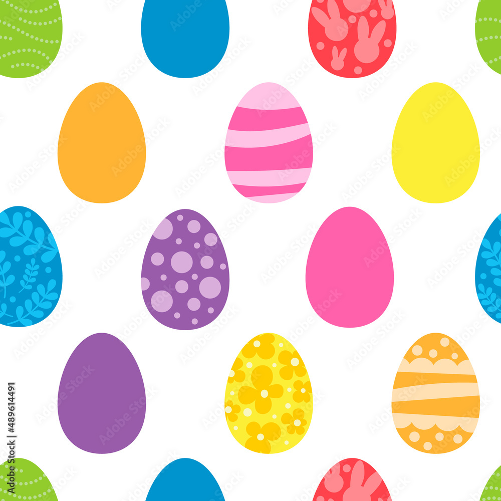 Vector seamless pattern. Background with many Rabbits, eggs, flowers, leaves scattered. Festive Easter Day surface pattern design. Spring season. For printing on fabric and paper, cards, social media Vector seamless pattern. Background with many Rabbits, eggs, flowers, leaves scattered. Festive Easter Day surface pattern design. Spring season. For printing on fabric and paper, cards, social media