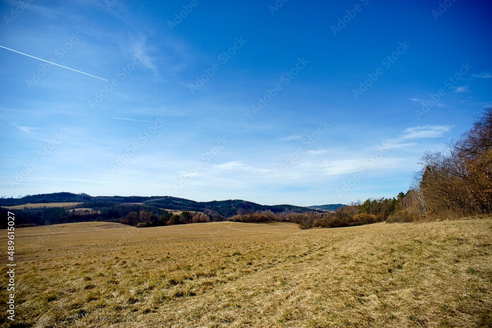 Countryside landscape at the end of winter without snow.
