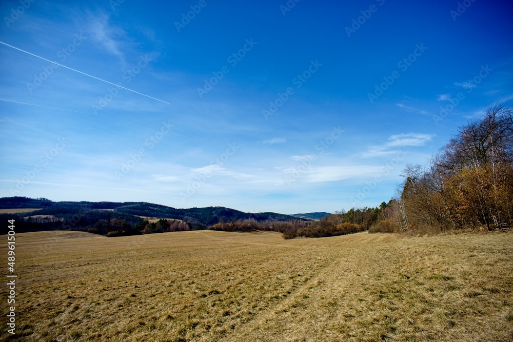 Countryside landscape at the end of winter without snow.