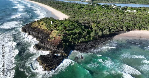 Fingal Headland with the Tweed River behind and Mt Warning on the horizon. Also looking north towards Tweed Heads and the Gold Coast high-rise