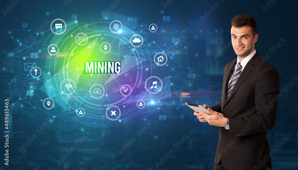 Businessman thinking about modern technology Businessman thinking about modern technology