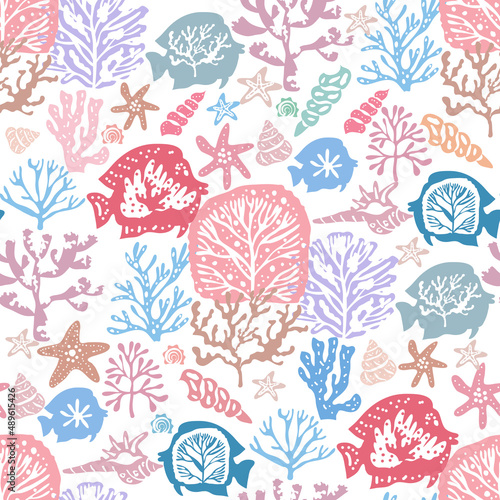 Beautiful seamless pattern with seaweeds, Sea underwater plants, ocean coral reef and aquatic kelp, sea star, algae, seashells, jellyfish. Marine background Vector illustration