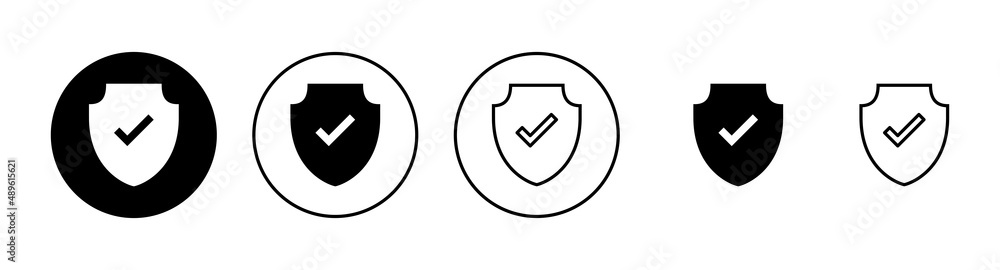 Shield check mark icons set. Protection approve sign. Insurance icon Shield check mark icons set. Protection approve sign. Insurance icon