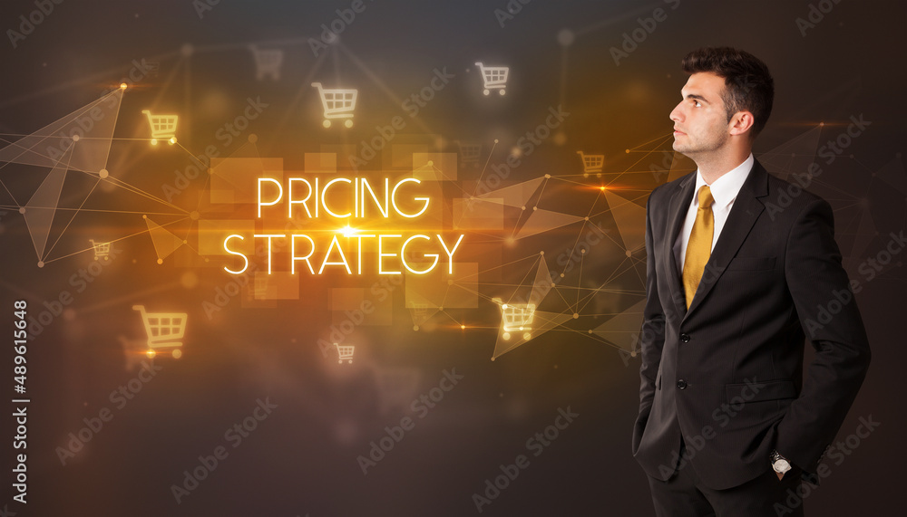 Businessman thinking about shopping concept Businessman thinking about shopping concept