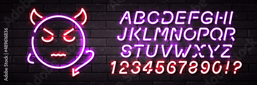 Vector realistic isolated neon sign of Devil with easy to change color font alphabet logo for decoration and covering on the wall background.