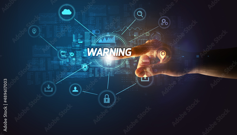 Hand touching cybersecurity button concept Hand touching cybersecurity button concept