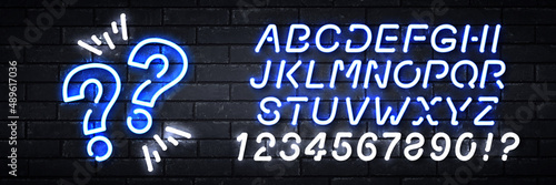 Vector realistic isolated neon sign of Question with easy to change color font alphabet logo for template decoration and covering on the wall background. Concept of trivia night and quiz.