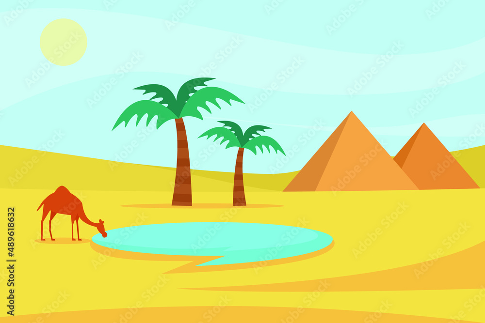 Nature vector concept. Thirsty camel drinks water in the oasis desert with pyramid background