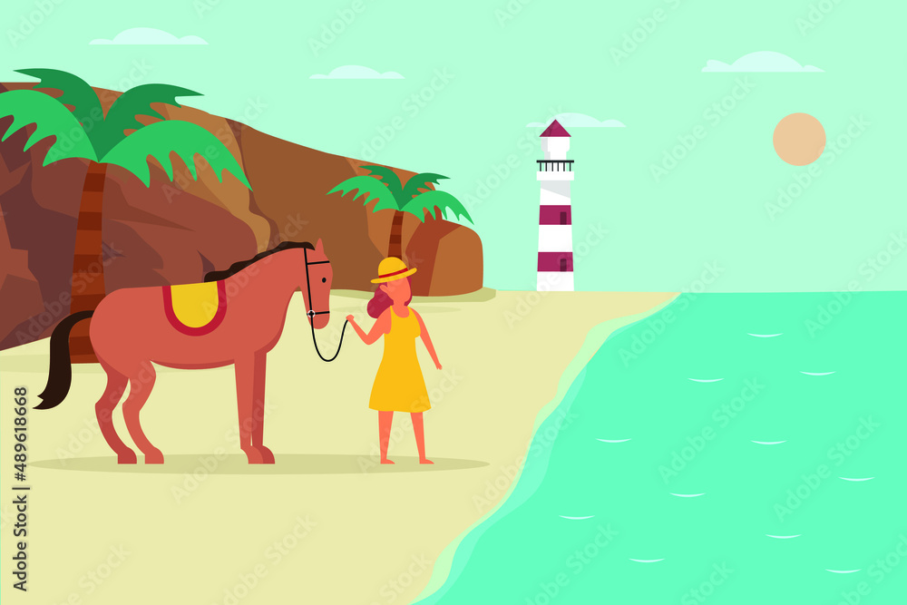Nature vector concept. Young woman enjoying holiday in the tropical beach while standing with her horse with a lighthouse background