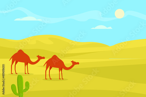 Nature vector concept. Two camels walking on the oasis desert with sand hill background