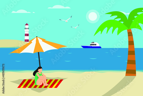 Vacation vector concept. Young woman enjoying summer holiday while sitting on the mat under umbrella with lighthouse background