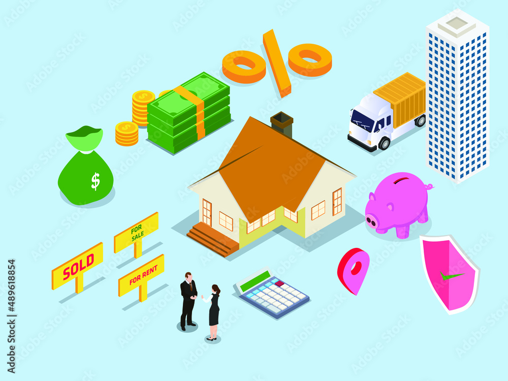 Property isometric vector concept. Two people discussing about sell or buy a housing property while standing with money