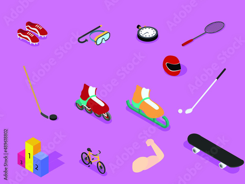 Sports vector concept. Podium with various sports tools in the studio with purple background