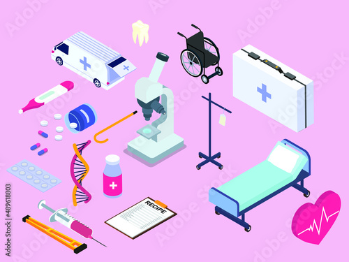 Medical tools vector concept. Microscope with medical tools in the hospital