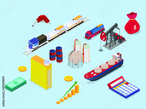 Petroleum industry isometric concept. Processing petroleum industry with oil transportation and storage