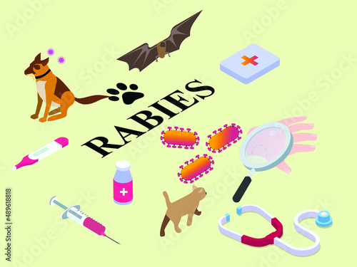 Rabies vector concept. Rabies disease in cat, dog and, bat due tu haven't vaccination