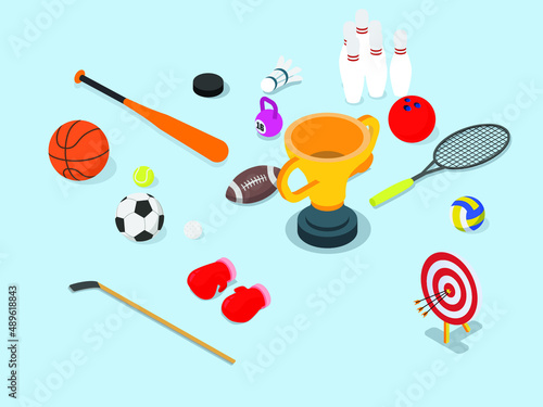 Sports tools vector concept. Trophy with various goods sports in the studio