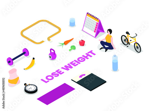 Lose weight vector concept. Young woman meditating with sports tools and calendar while doing yoga exercise