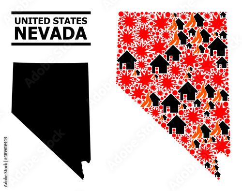 War collage vector map of Nevada State. Geographic composition map of Nevada State is designed with random fire, destruction, bangs, burn realty, strikes. Vector flat illustration for war agitation.