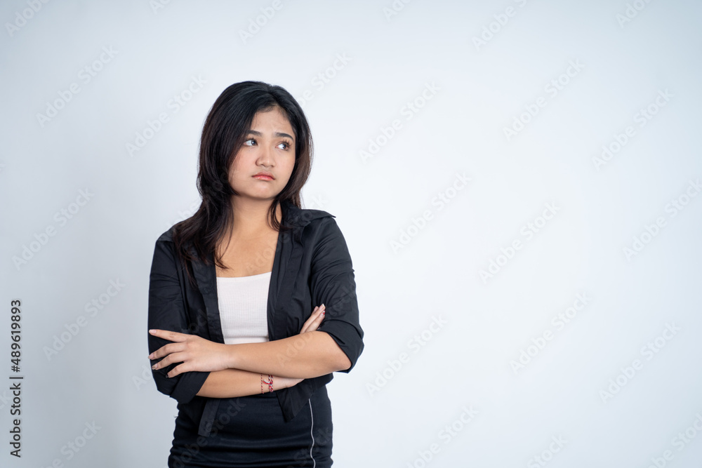 asian woman stand cross hand with unhappy sad face asian woman stand cross hand with unhappy sad face