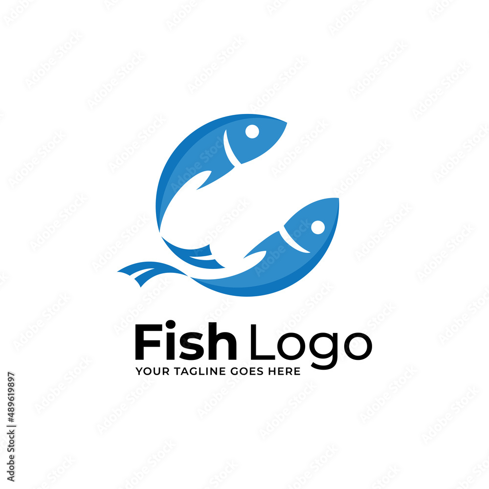 Blue round icon with fish and wave in three color variants isolated on white background Blue round icon with fish and wave in three color variants isolated on white background