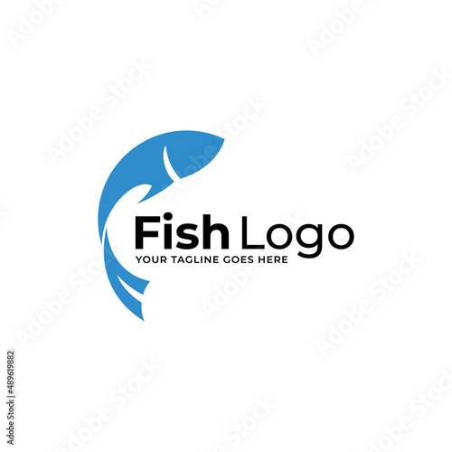 Blue round icon with fish and wave in three color variants isolated on white background