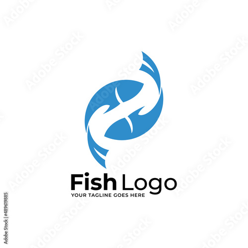 Blue round icon with fish and wave in three color variants isolated on white background