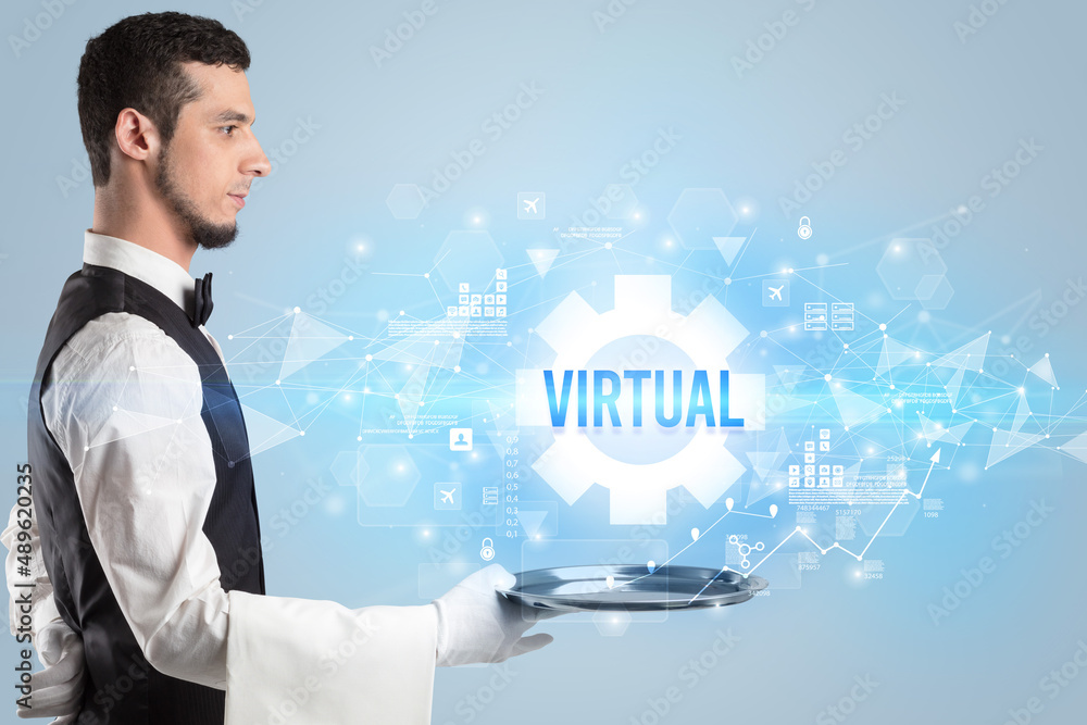 Waiter serving new technology concept Waiter serving new technology concept