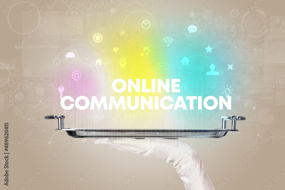 Waiter serving social networking concept Waiter serving social networking concept