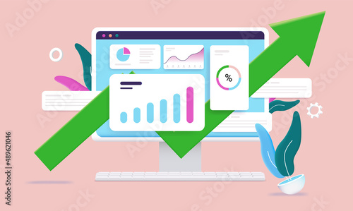 Positive data results on computer screen - Desktop monitor with rising green arrow, charts and graphs. Vector illustration
