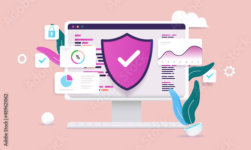 Computer security vector illustration with protective shield and desktop screen with abstract code, charts and graphs.