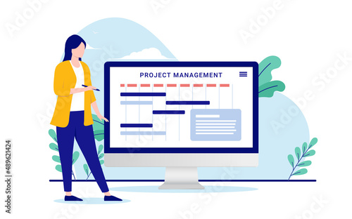 Project manager with computer - Vector illustration of woman working with managing projects on desktop screen. Flat design vector illustration with white background
