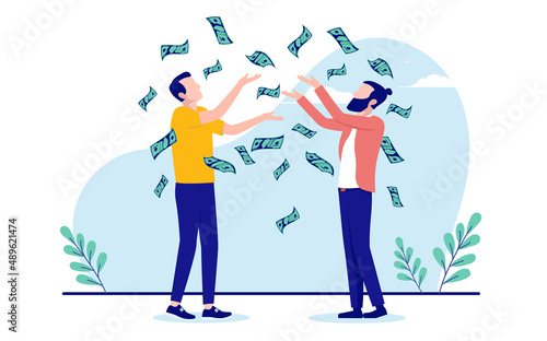 Casual men making money - Two people throwing dollar bills in air and celebrating profits. Flat design vector illustration with white background