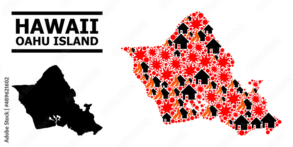 Obraz premium War pattern vector map of Oahu Island. Geographic concept map of Oahu Island is combined from randomized fire, destruction, bangs, burn homes, strikes. Vector flat illustration for war projects.